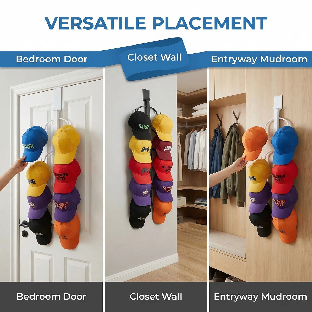 Wall-Mounted Baseball Cap Organizer for Up to 9 Hats