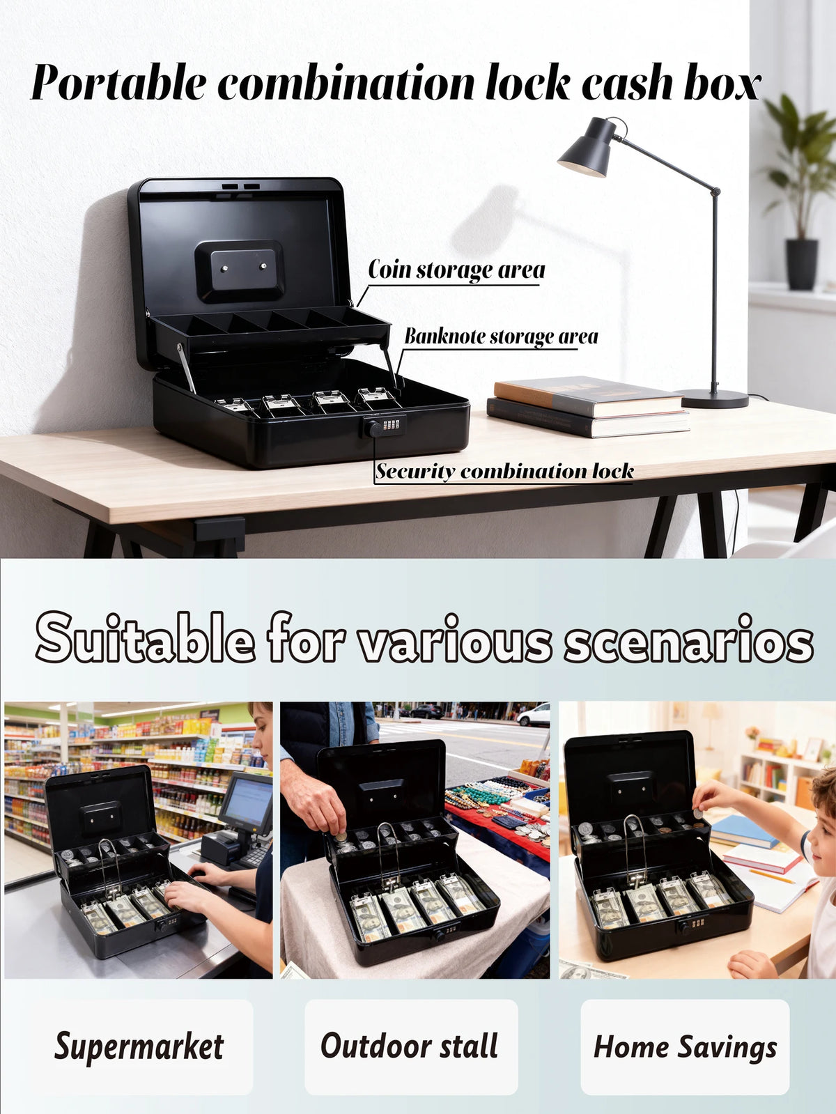 A portable combination lock cash box with coin and banknote storage areas shown on a table.