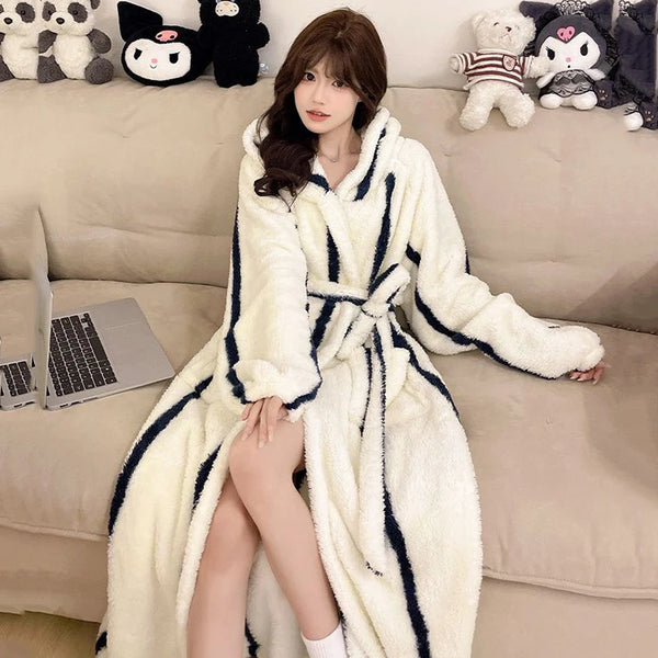 Women's Leopard Print Hooded Flannel Bathrobe