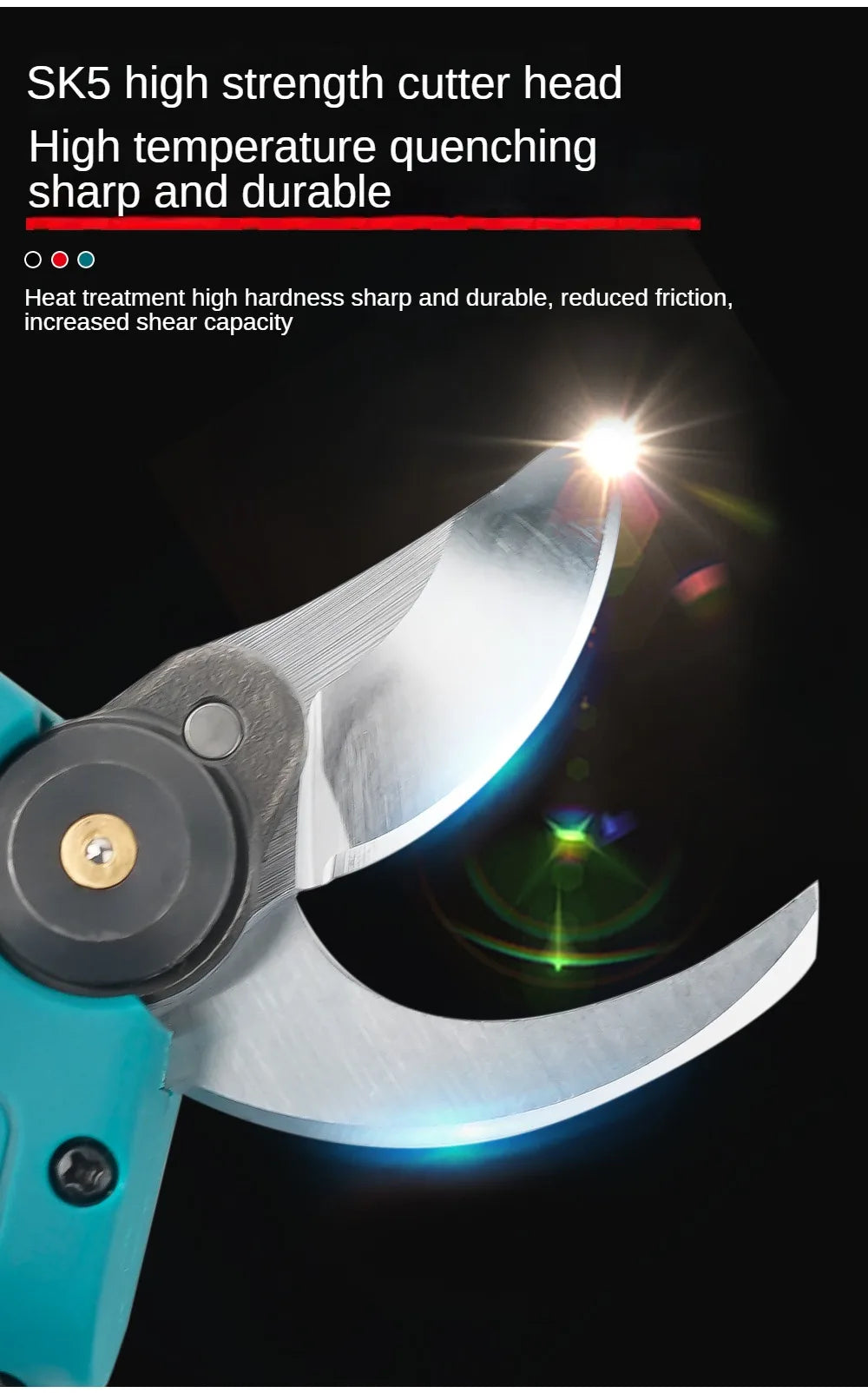 Close-up of an SK5 high strength cutter head on a pruning shear tool, showing the sharp blade and light reflection.