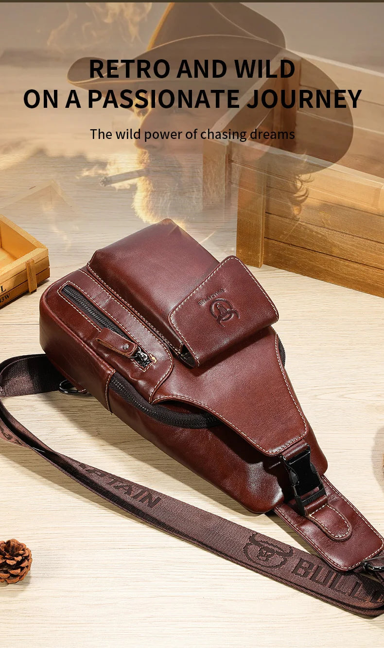 Men's Genuine Leather Sling Backpack with USB Charging Port