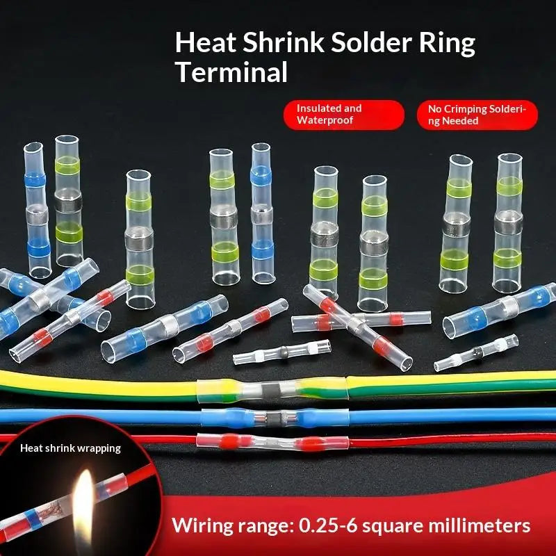Assortment of heat shrink solder ring terminals and wire connectors in various colors and sizes for electrical wiring.