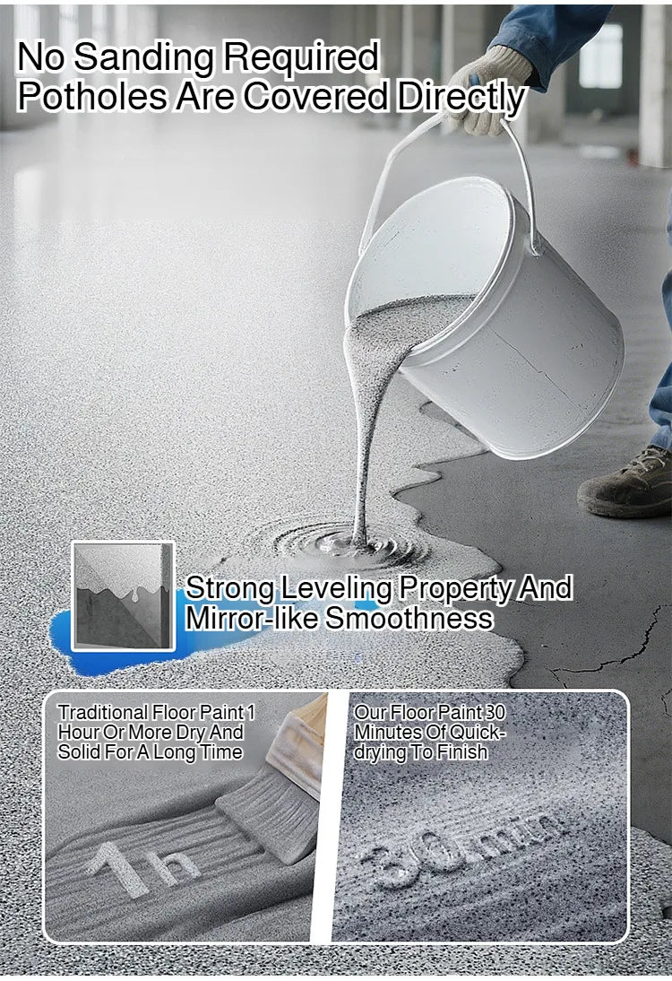 A hand pours a gray epoxy coating onto a concrete floor, demonstrating strong leveling and mirror-like smoothness.