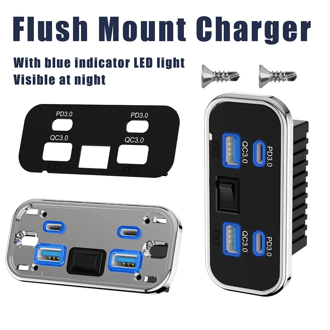 Flush Mount Charger with blue indicator LED light showing PD 3.0 and QC 3.0 ports