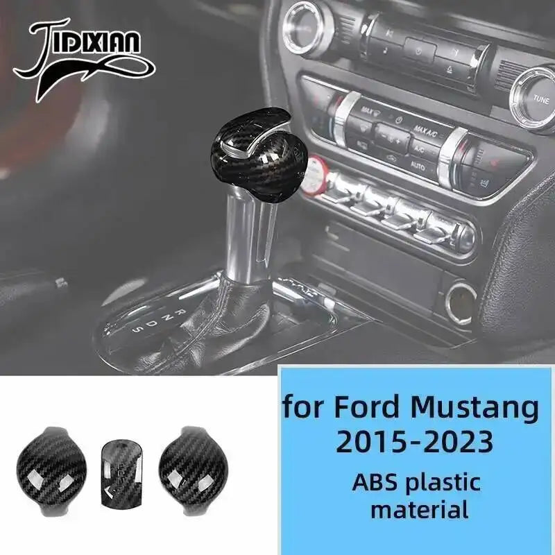 Carbon fiber grain decorative trim kit for Ford Mustang 2015-2023 featuring knob and trim pieces