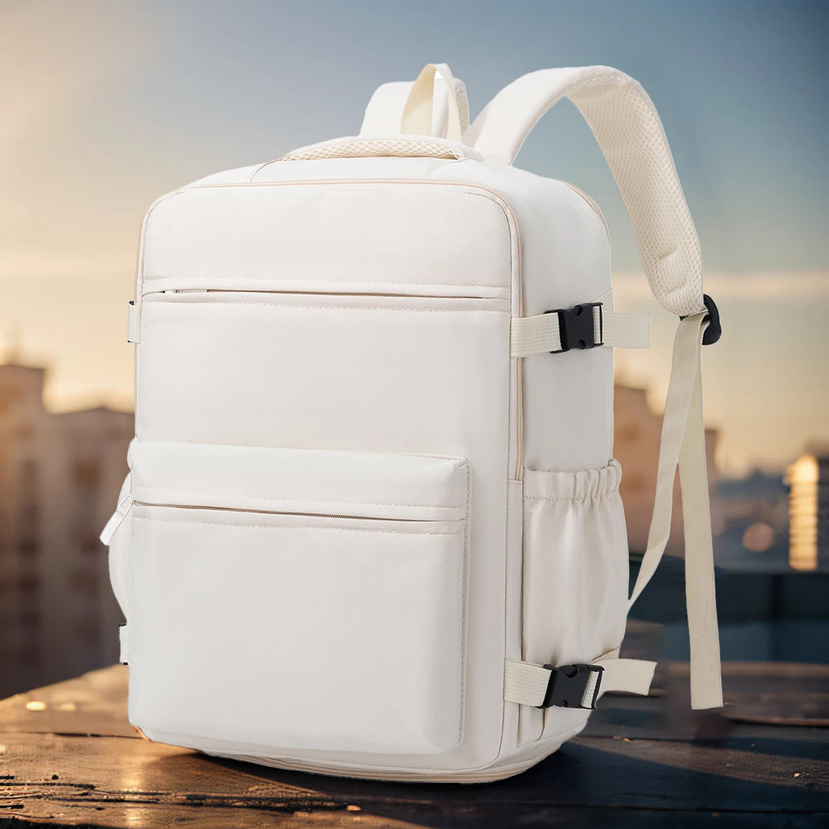 A white travel and commuter backpack with light beige straps resting on a wooden surface.