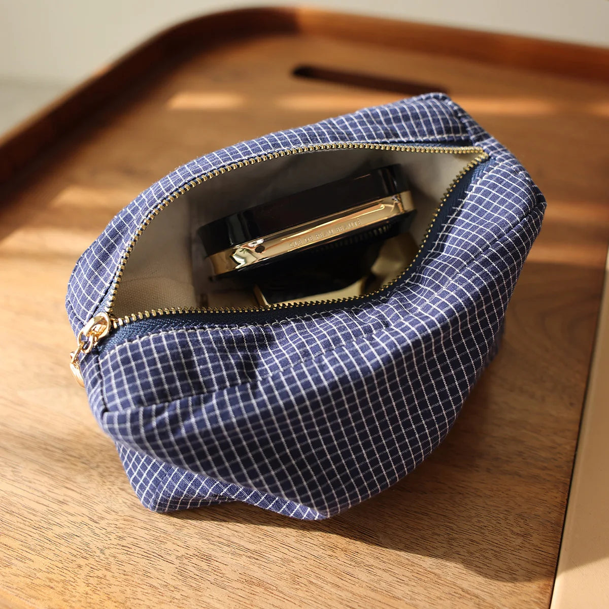 Checkered Striped Cosmetic Bag – Compact Travel Organizer