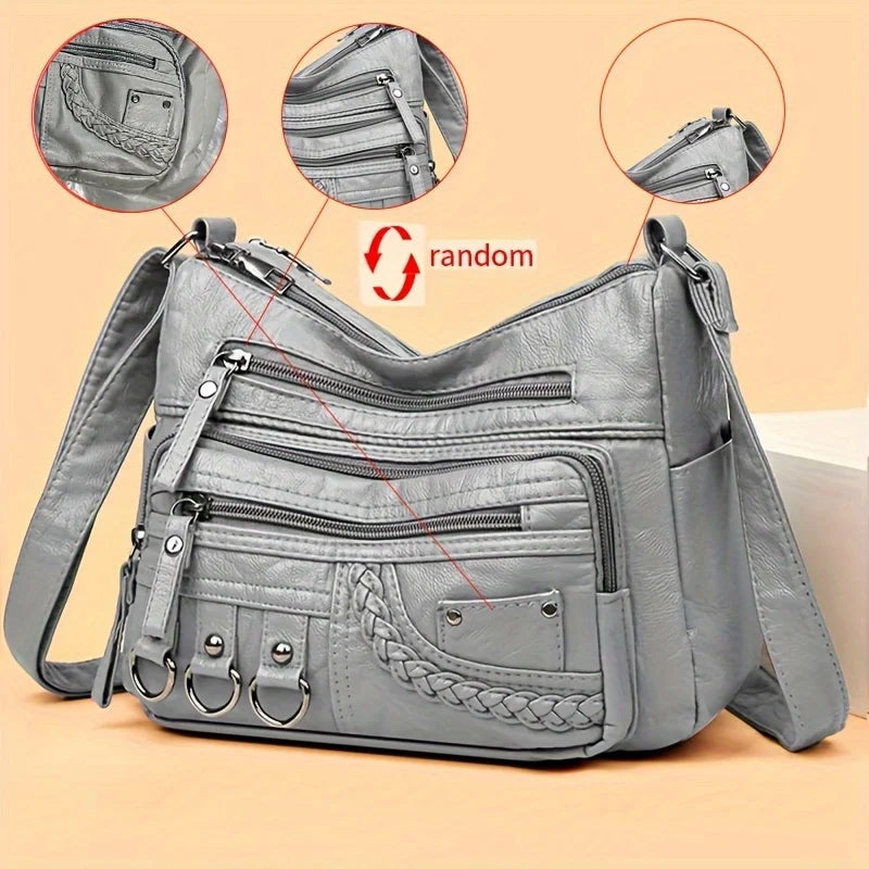 A silver gray vintage PU crossbody bag shown with detail views of its pockets and stitching.