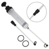 A manual oil extractor pump with a clear tube and a black plunger is shown, along with an inset detail view.