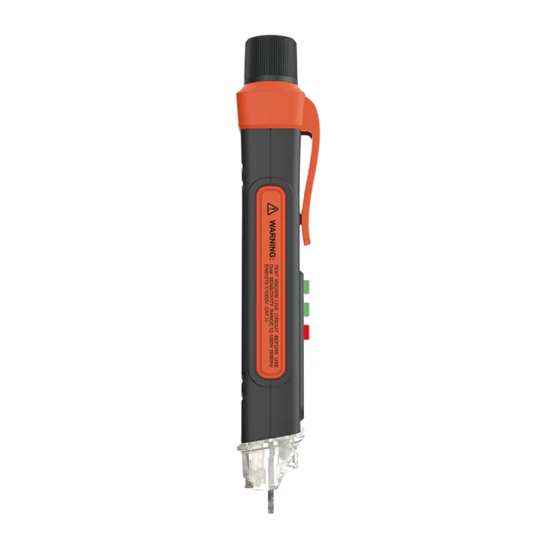 A black and orange non-contact AC voltage detector pen with a protective tip.