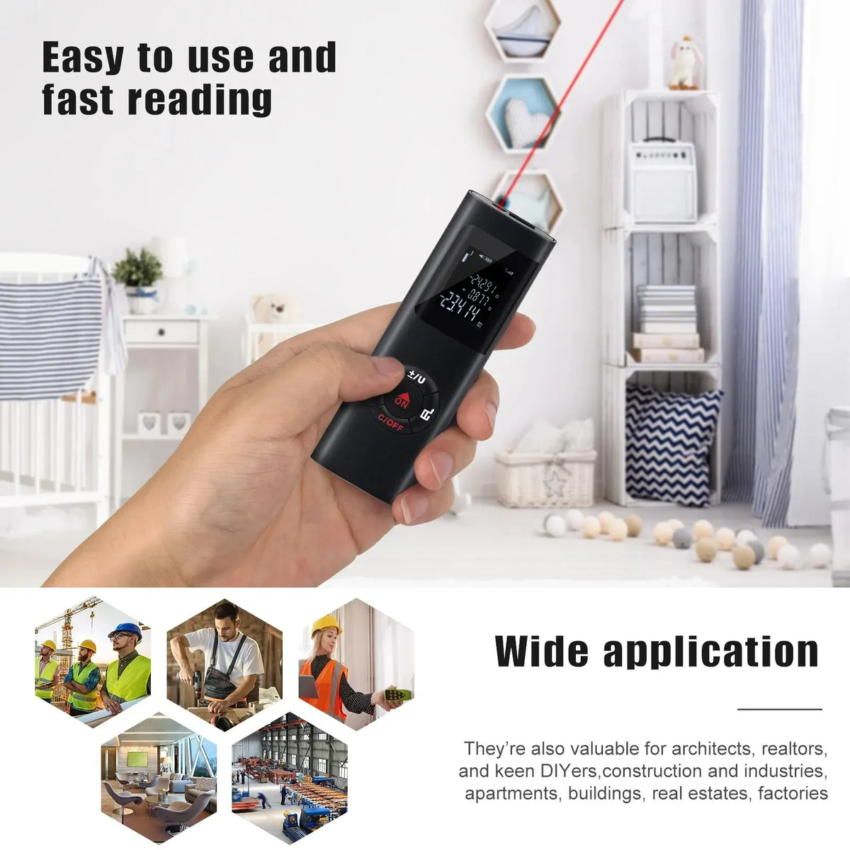 A hand holds a black laser distance measurer device, demonstrating its easy to use and fast reading feature.