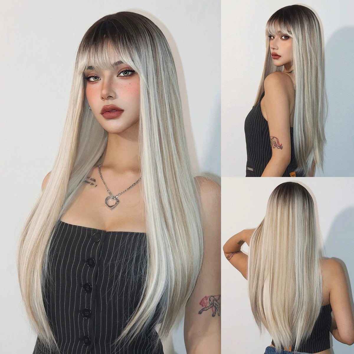 Rose Gold Layered Straight Wig with Bangs