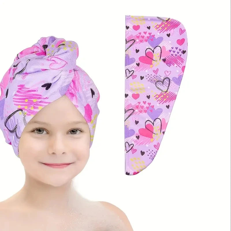 A pink and purple patterned microfiber hair drying towel wrap shown next to a child's face.