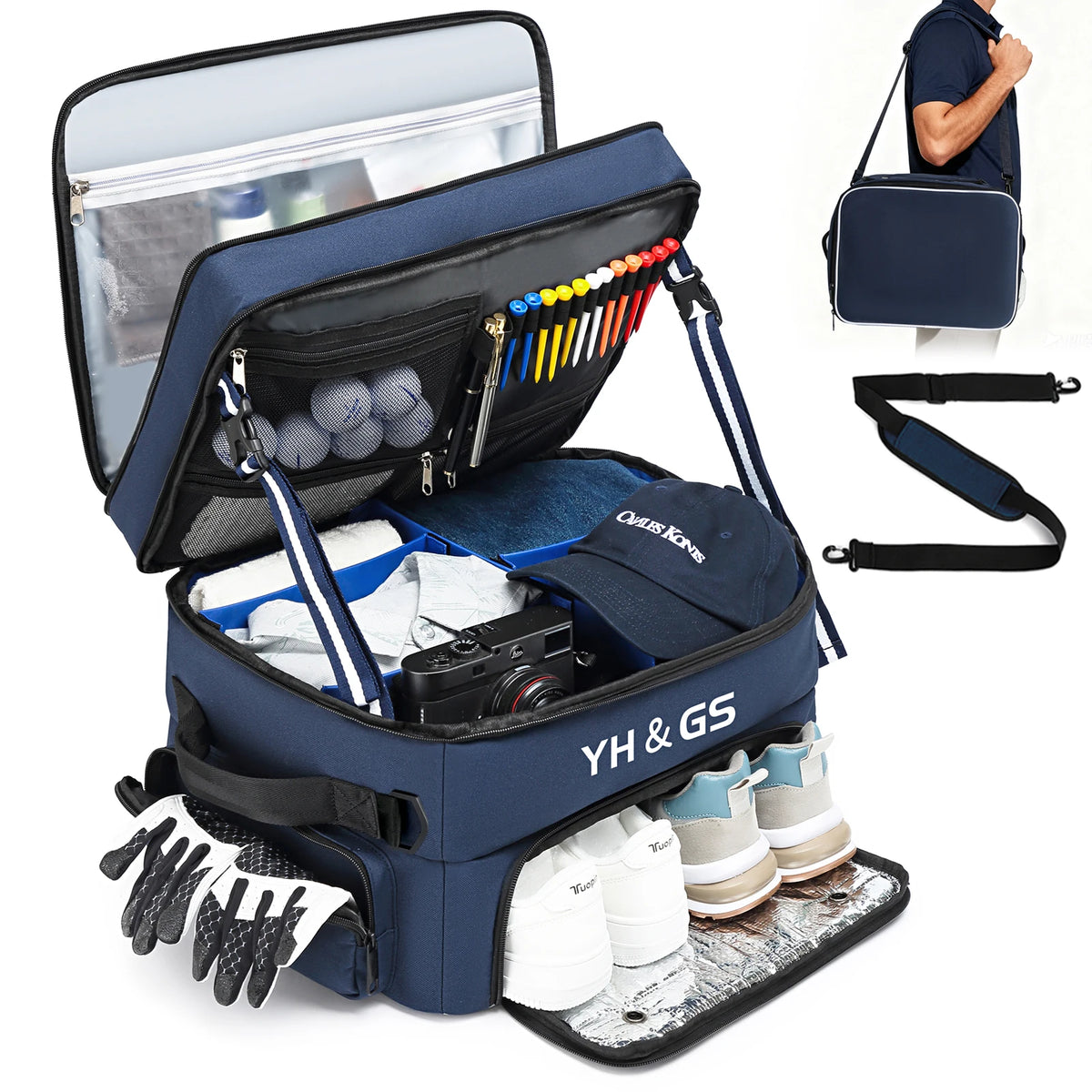 A navy blue golf trunk organizer featuring a padded lid, pencil case, and shoe compartment with various golf accessories.