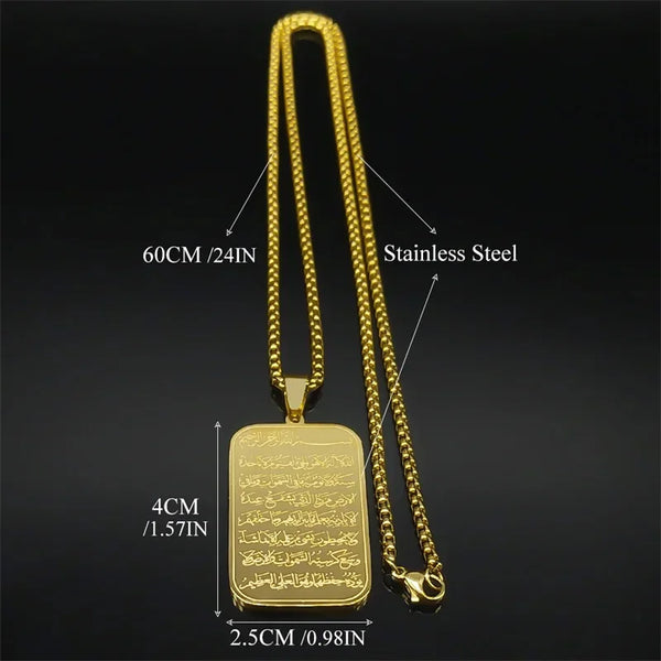 A gold-colored stainless steel pendant necklace featuring Arabic calligraphy on a rectangular plaque.