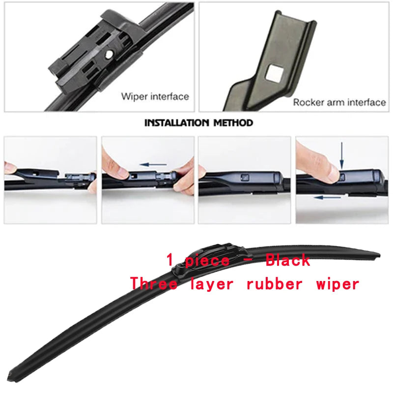 Black three-layer rubber wiper blade for installation on wiper and rocker arm interfaces