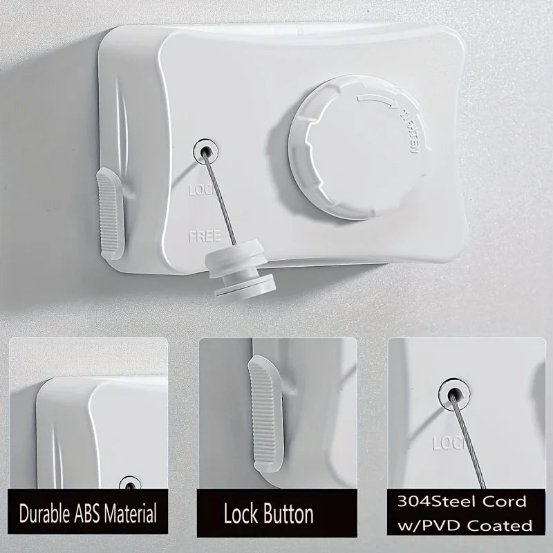 White retractable stainless steel clothesline with a lock button and PVD coated cord