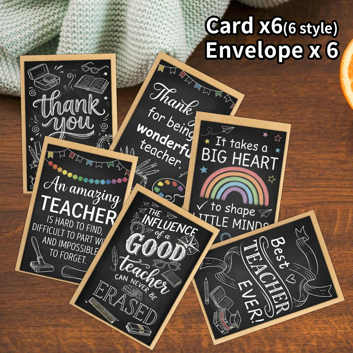 A set of six chalkboard-style teacher appreciation greeting cards and envelopes featuring various thank you messages.
