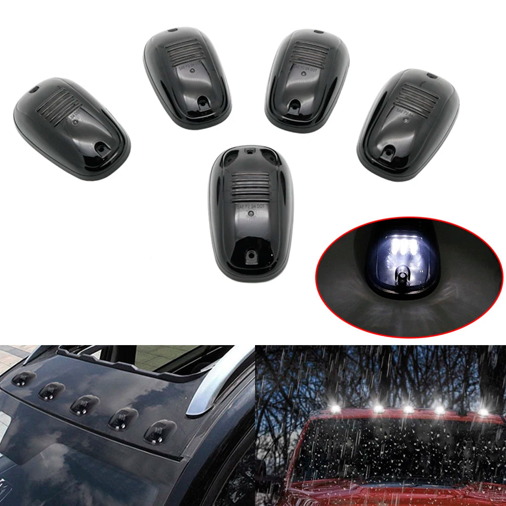 Set of five black amber and white LED cab roof marker lights for trucks and SUVs