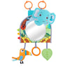 A baby car seat toy featuring an elephant head, a mirror, and a hanging teether.