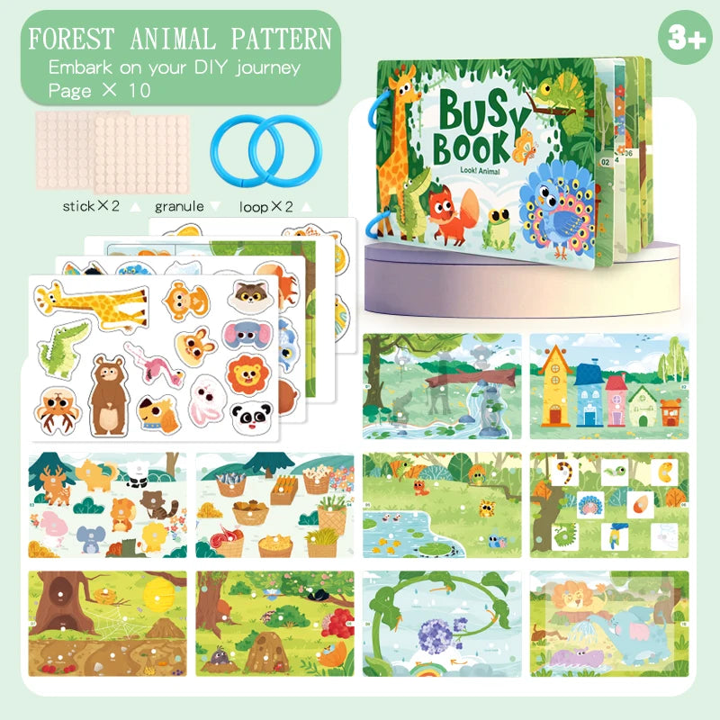 A set of forest animal pattern cards and a busy book for a DIY journey activity.