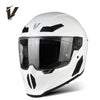 A white full-face motorcycle helmet with a clear visor and ventilation slots.