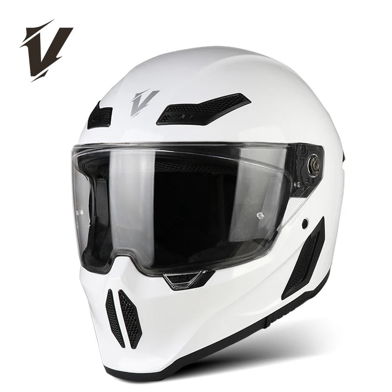 A white full-face motorcycle helmet with a clear visor and ventilation slots.