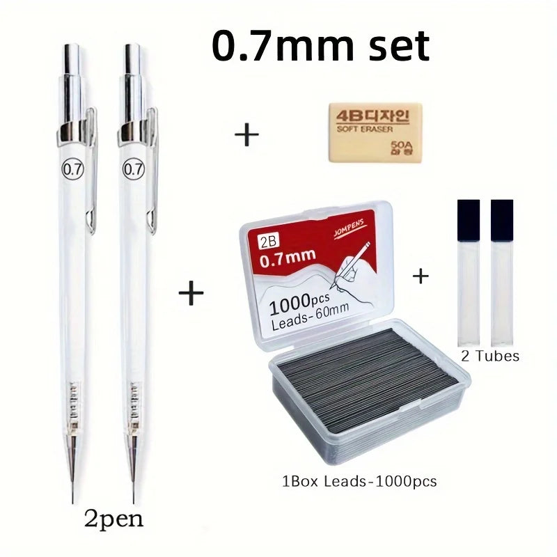 A set of 0.7mm mechanical pencil leads and a soft eraser packaged in a box with two pens.