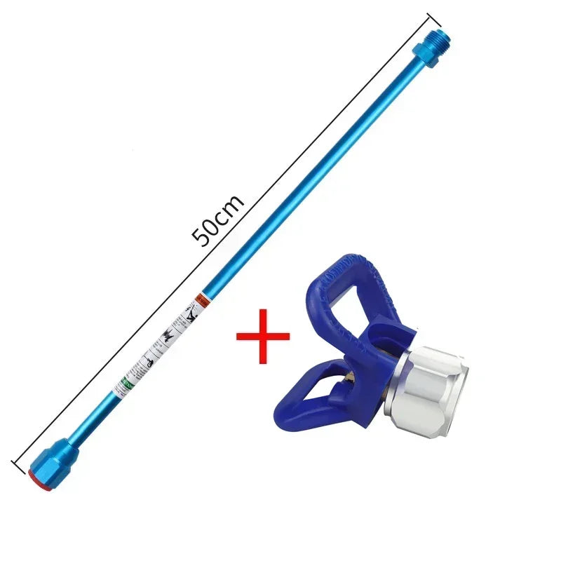 Blue airless paint sprayer extension rod with a nozzle and handle
