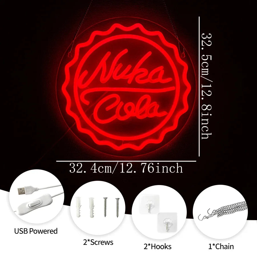Red neon sign shaped like a Coca-Cola bottle with a bottle cap design, featuring USB power and included hardware.