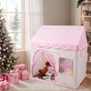 A pink floral playhouse tent with a pink roof and a window, featuring stuffed animals inside.