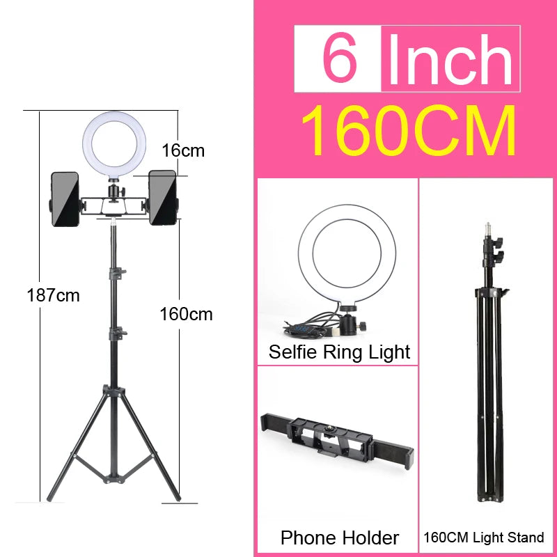 A 6 inch selfie ring light with a tripod stand and phone holder for video calls.