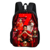 A red and black soccer themed backpack featuring a large number 7 and a football.