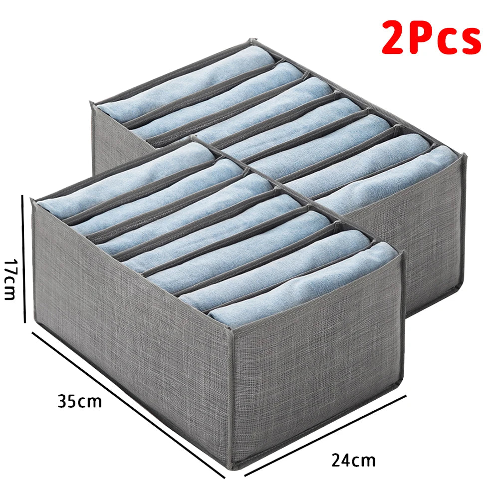 Two gray fabric closet organizers with handles shown from above and side view.