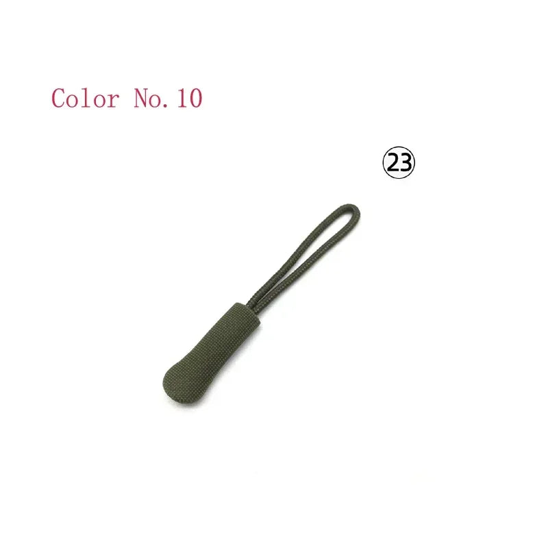 A close-up view of a dark olive green plastic zipper pull, labeled Color No. 10.