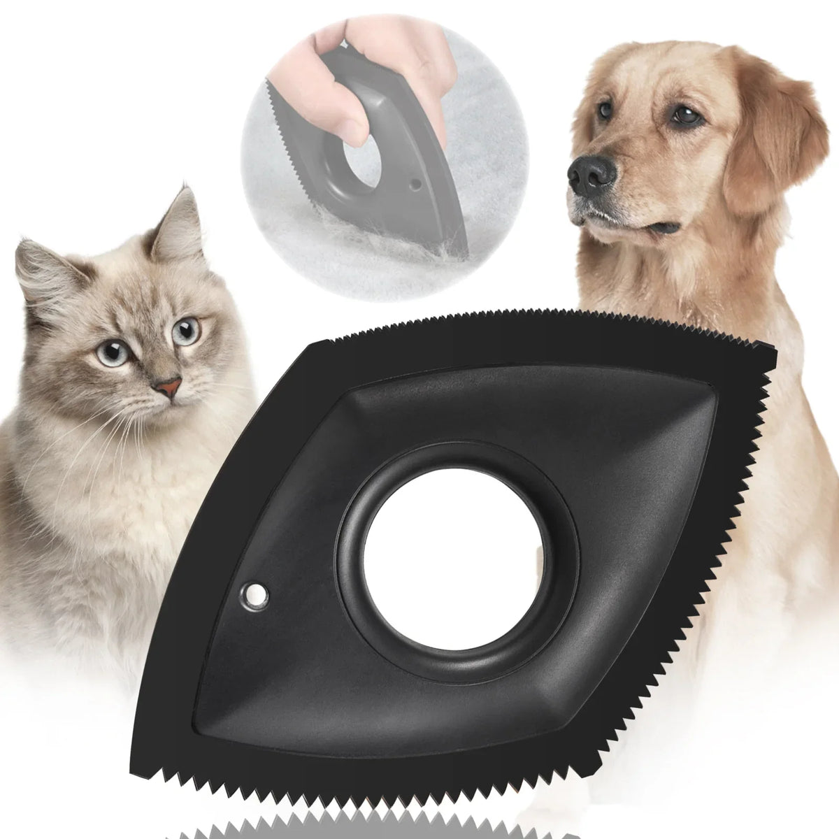 A black pet hair remover grooming comb is shown with a cat and a dog in the background.
