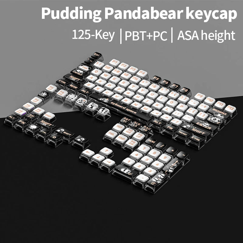 A close-up view of a pudding panda bear mechanical keyboard keycap set featuring 125 keys with PBT+PC material and ASA height