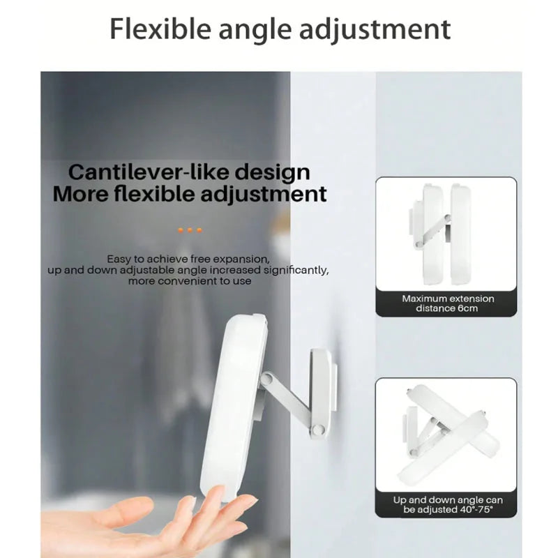 A white cantilever-like design phone holder with flexible angle adjustment shown in a bathroom setting.