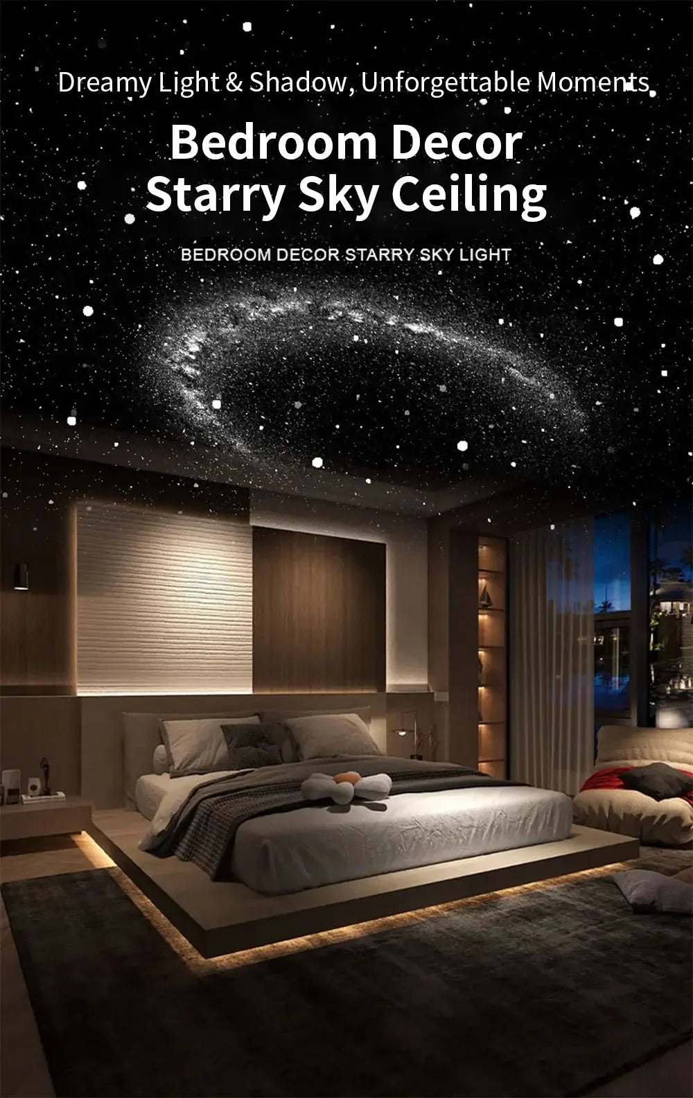 Bedroom decor starry sky ceiling light illuminating a modern bedroom with soft lighting.