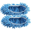 A pair of blue microfiber mop slippers with a light gray trim, designed for dusting and cleaning.