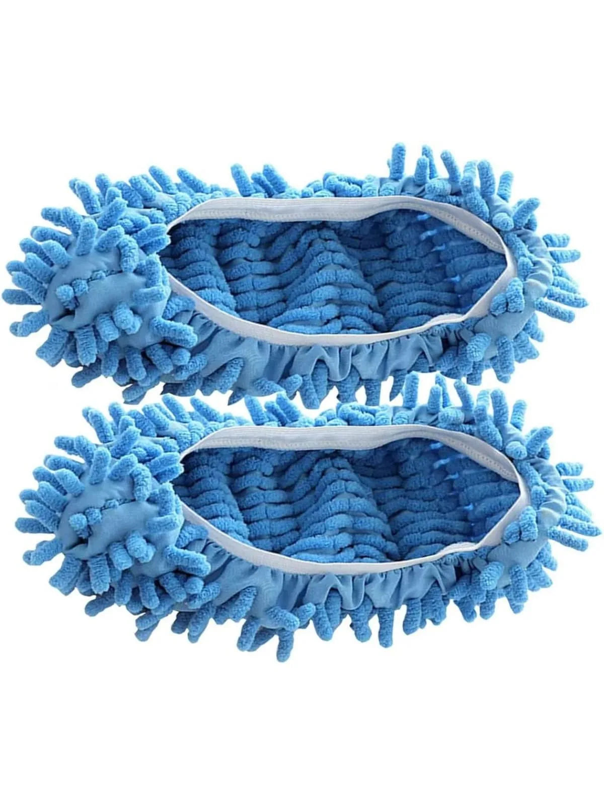A pair of blue microfiber mop slippers with a light gray trim, designed for dusting and cleaning.