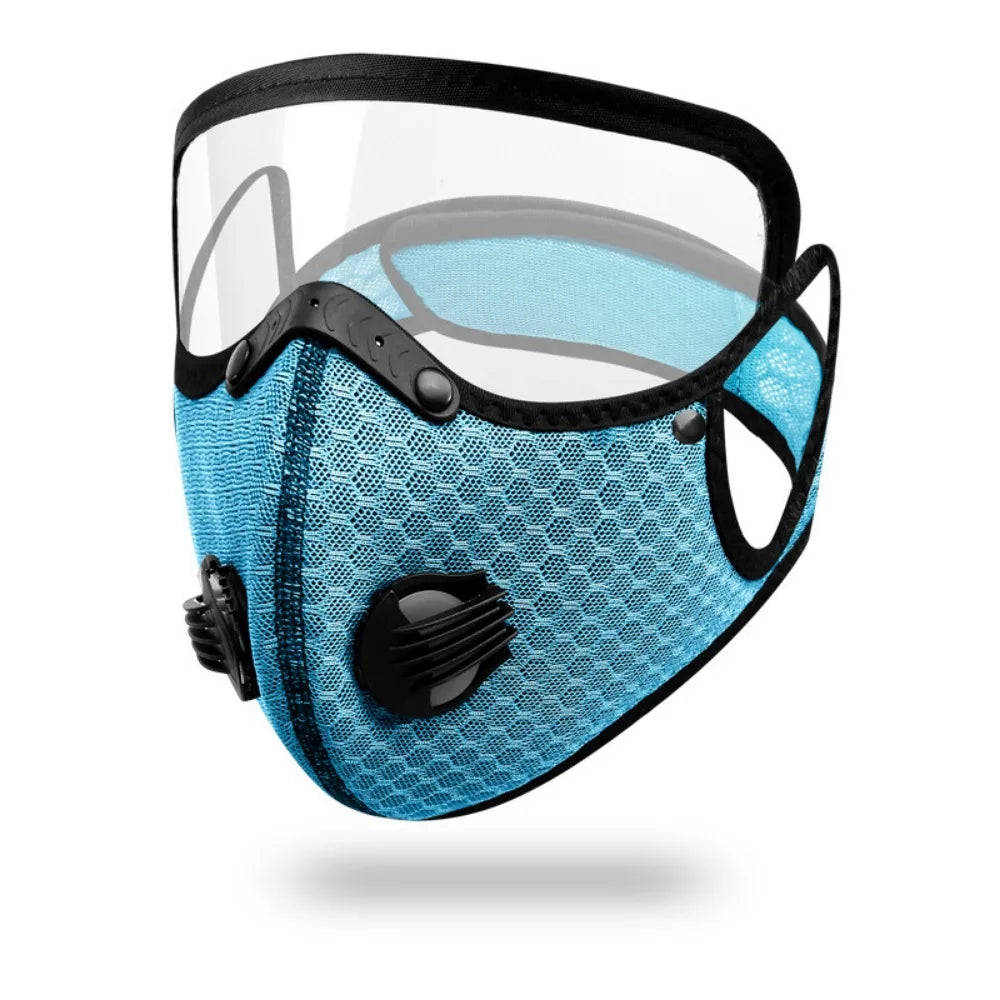 A blue mesh cycling face mask with a black silicone shield and elastic straps.