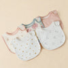 A collection of pink, blue, and white cotton baby bibs with floral and star patterns displayed on a light background.