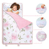 A pink toddler nap mat with a removable pillow and fleece blanket featuring floral patterns and tags.