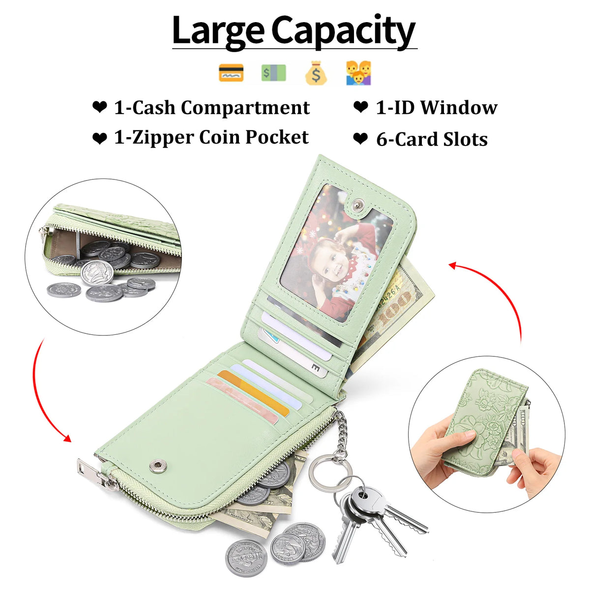 Embossed Zip Coin Purse with Key Ring and Card Slots