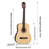 A wooden classical guitar showing its dimensions including the body, neck, and scale length.
