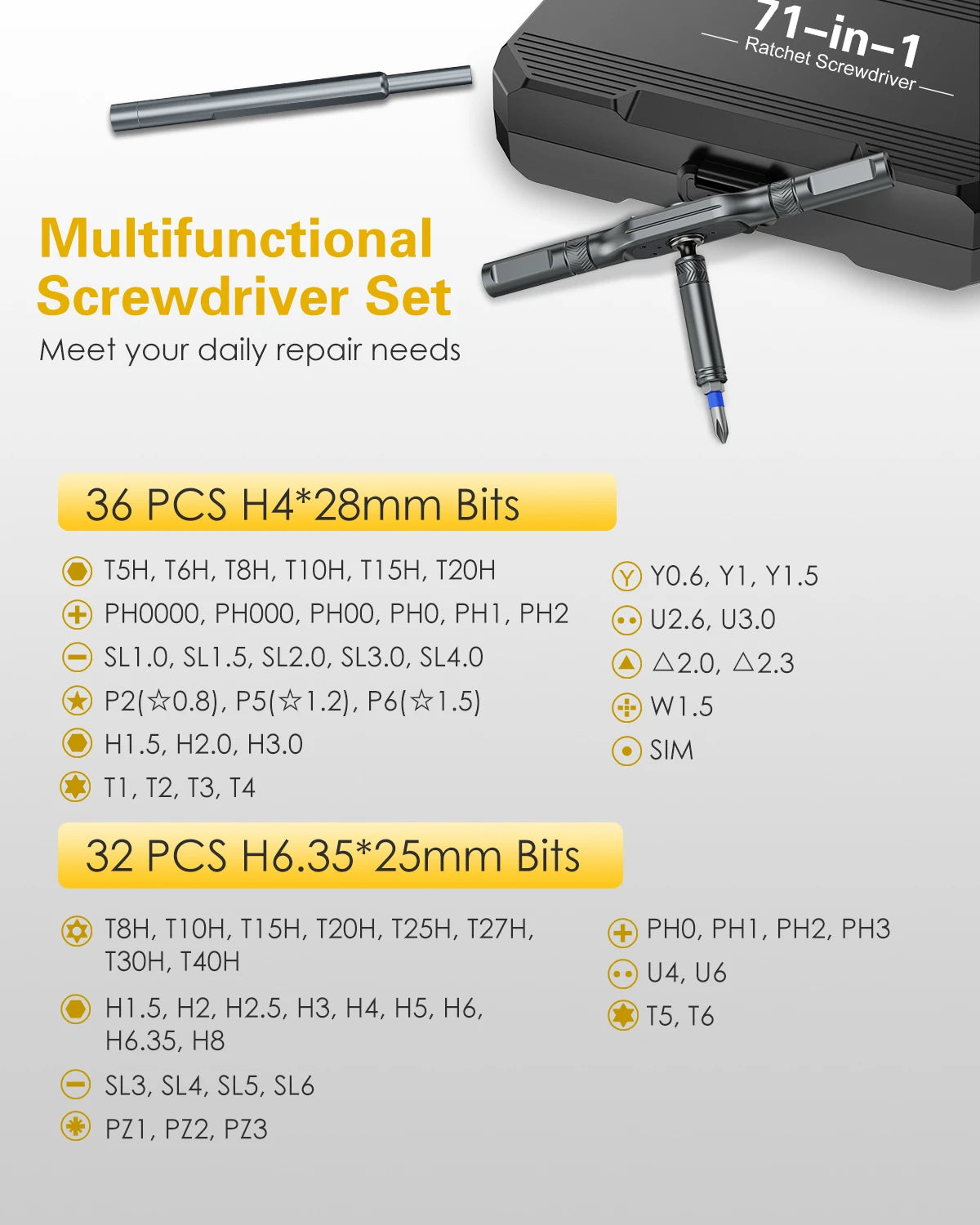 70-in-1 Ratchet Screwdriver Set with T-Handle and Magnetic Bits