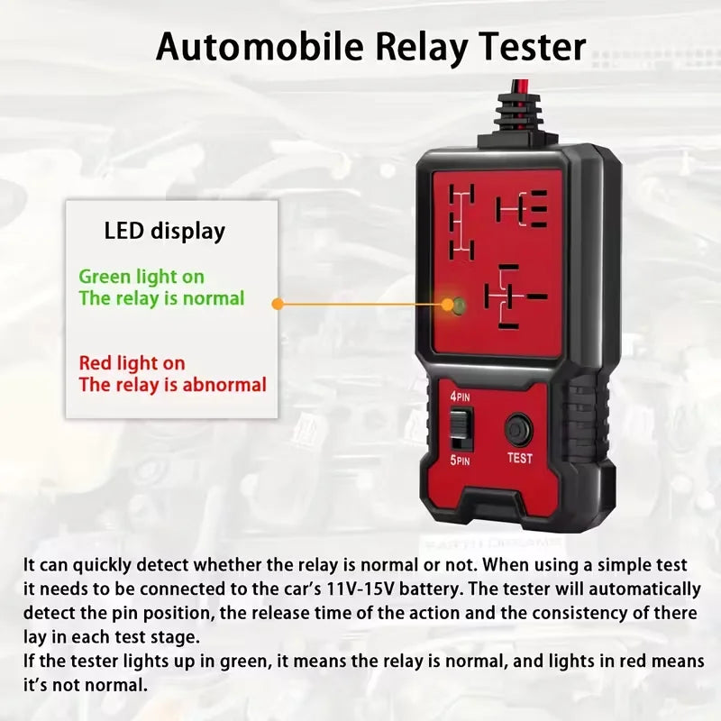 A compact automotive relay tester device showing a red LED light indicating an abnormal relay condition.