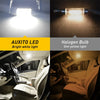 Comparison of Auxito LED and Halogen bulbs, showing bright white light versus dim yellow light in a car interior.