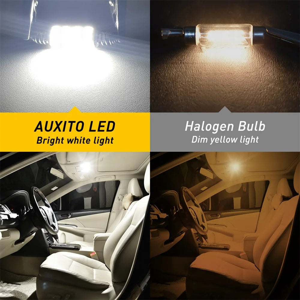 Comparison of Auxito LED and Halogen bulbs, showing bright white light versus dim yellow light in a car interior.